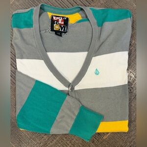 Volcom Gray, Yellow, and Green Striped Cardigan